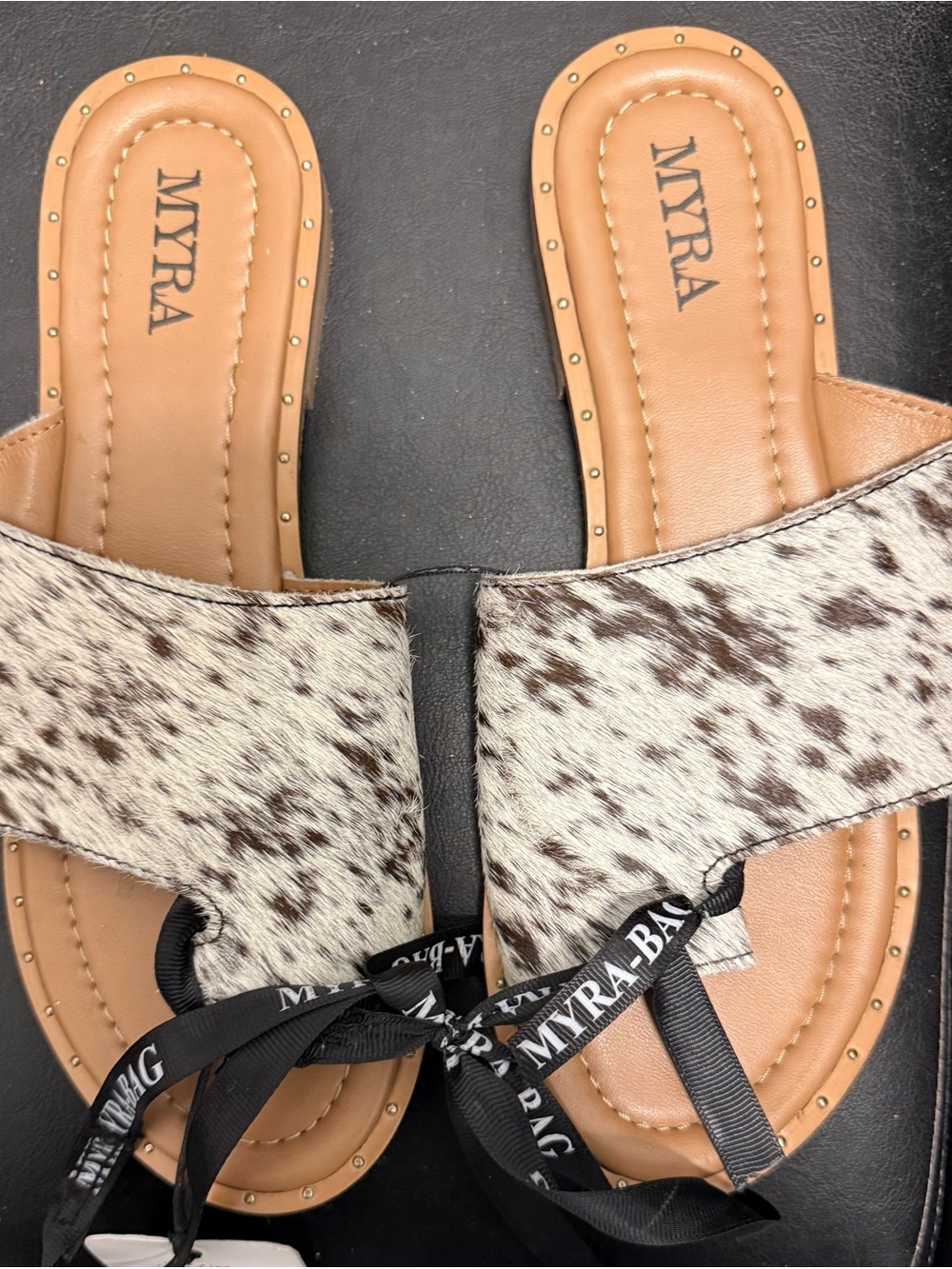 Myra Bag Tan and Speckled Hair-On-Hide Slide Sandals with Branded Ribbon